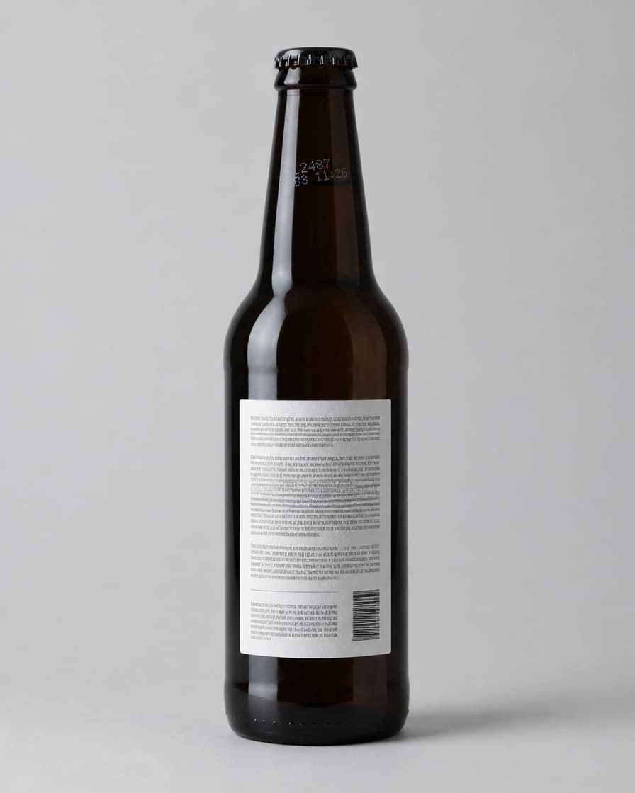 Botella sin marca fotografiada de cerca, con la etiqueta trasera a la vista